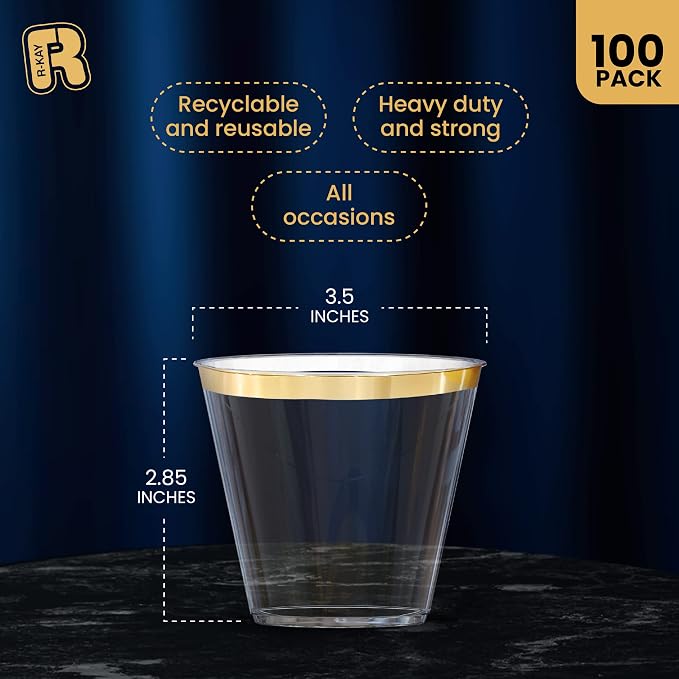 R-kay 100 Pack Gold Plastic Cups For Party - Plastic Cups 9 oz - Party Cups Disposable - Premium Heavy Duty Gold Cups - Disposable Wine Glasses For Wedding - Plastic Wine Glasses/Disposable Cups