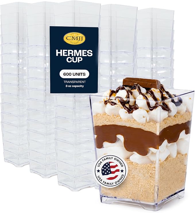 600 Count 4 oz. Square Small Plastic Dessert Cup Hermes Professional-Grade Recyclable Transparent Disposable Party Cup for Parfait Desserts, Appetizers, and Events CMJJ