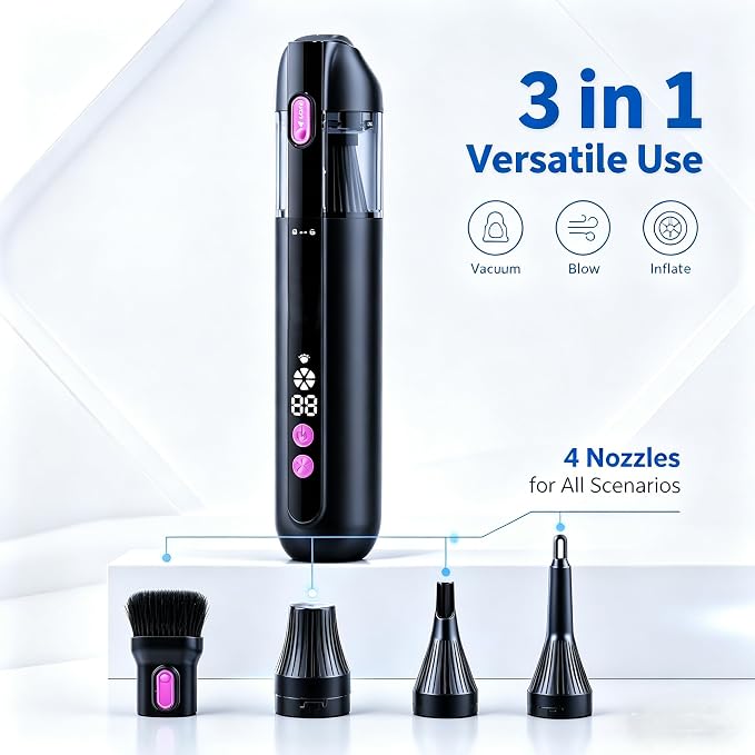 Handheld Car Vacuum Cleaner 15000Pa Cordless Mini Vacuum 3-in-1 Dust Buster with Blower & Inflator, 40000RPM Brushless Motor, LED Display, USB Rechargeable for Pet Hair, Home, Office