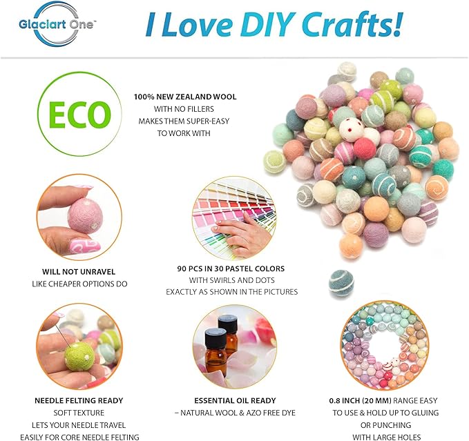 Glaciart One Felt Pom Poms, Wool Felt Balls with Swirls & Dots (90 Pieces) 2 cm – 0.8 Inch, Handmade Felted 30 Color Pastel Bulk Small Puff for Felting and Garland