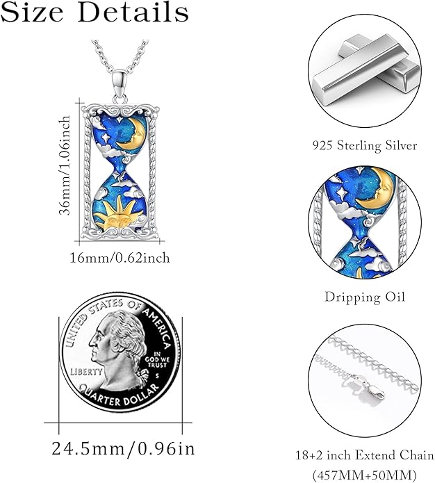 Hourglass Necklace 925 Sterling Silver Sun Moon Star Time Hourglass Pendant Necklaces Blue Memorial Jewelry for Women With 18+2 In Chain