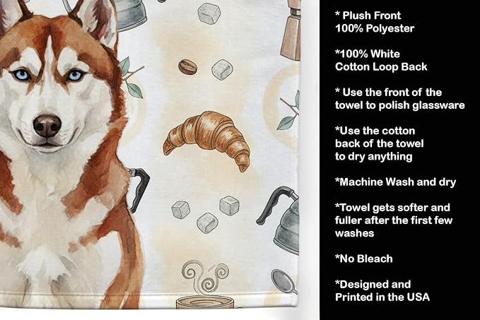 Caroline's Treasures Red and White Siberian Husky Coffee Bar Kitchen Towel Velour Plush Front and Cotton Loop Back Machine Washable