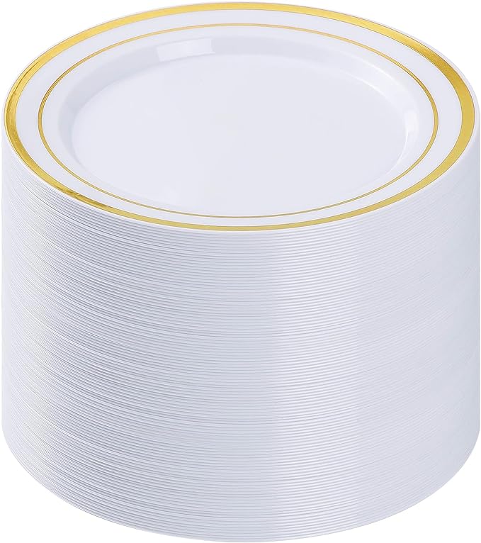 BESTVIP 200PCS Gold Plastic Plates, 10.25 Inch Disposable Dinner Plate Party with Gold Rim for Christmas, Thanksgiving, Heavy Duty Disposable Plastic Plates for Party, Wedding and Birthday, Events