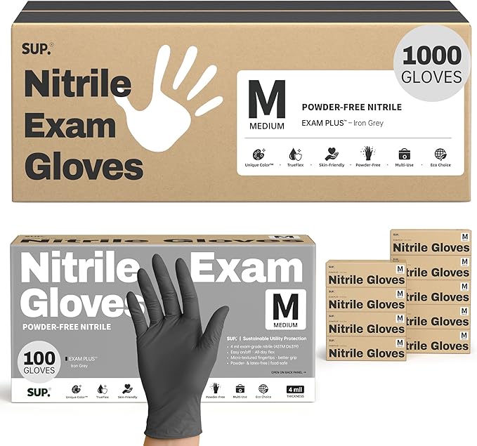 SUP Nitrile Exam Gloves, 1000 Ct Powder Free Latex Free Food Safe Non-Sterile Cooking Cleaning Disposable Medical Glove Black