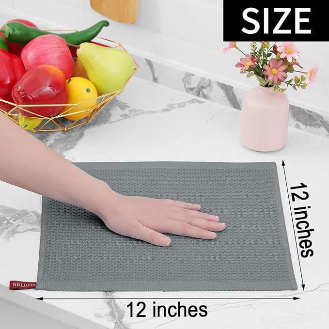 Homaxy 100% Cotton Waffle Weave Kitchen Dish Cloths, Ultra Soft Absorbent Quick Drying Dish Towels, 12 x 12 Inches, 24-Pack, Grey