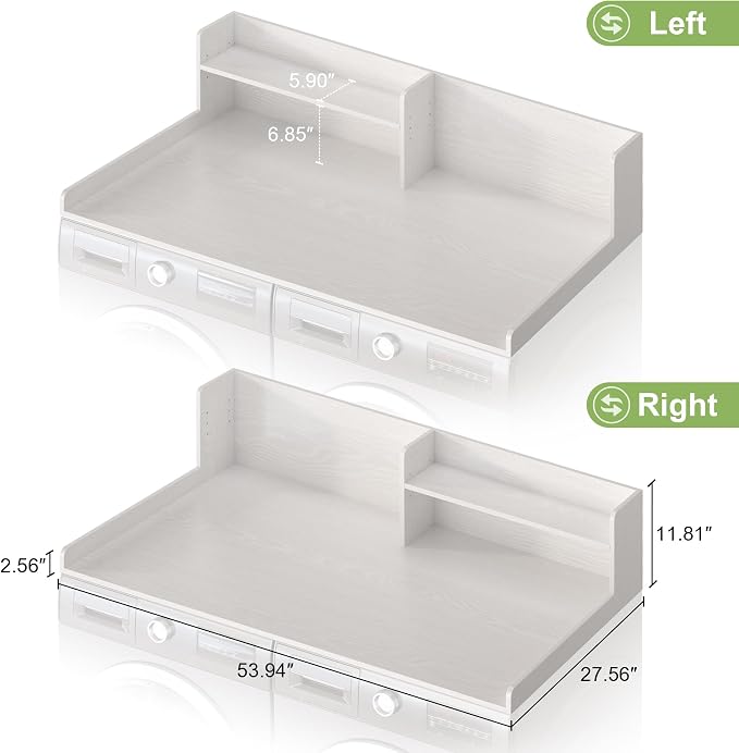 Washer Dryer Countertop - 2-Tier Wood 54" x 27.5" Laundry Topper with Safety Guard & Non-Slip Pads, Over the Washer Dryer Folding Shelf for Maximum Space Saving (White)