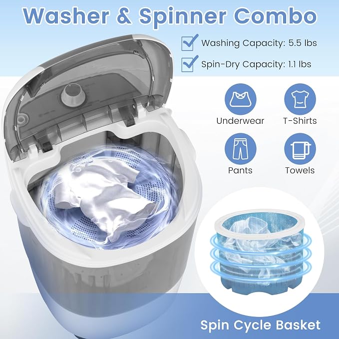 Mini Portable Washing Machine, 5.5 LBS Capacity Washer Machine and Spinner Combo with Spin Tub & Drain Hose, Small Semi-automatic Portable Washer for Apartment Dorm RV (Grey)