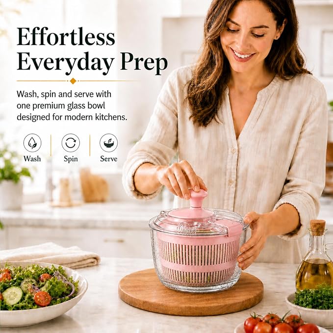 Glass Salad Spinner 3.2 Qt, Small Salad Spinner with Glass Bowl Removable Lid for Easy Cleaning Dishwasher Safe Glass Bowl Vegetable and Fruit Washer Dryer with Drain Spout Crank Handle Pink