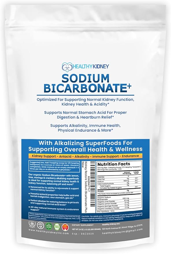 Organic Use Sodium Bicarbonate Alkaline Supplement for Alkalinity. Support Kidney & Stomach Acid Neutralizer w/Alkaline Superfoods. Sodium Bicarbonate Powder Kidney Immune Support Antacid Sport 1.5LB