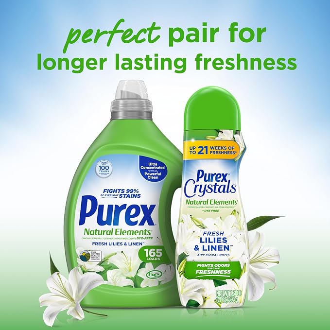 Purex Natural Elements Fresh Lilies & Linen Liquid Detergent, 82.5 oz, 165 Loads, Ultra-Concentrated, Dye-Free, USDA Certified Biobased Product