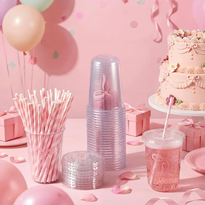 LemonRoad 50sets 16 oz Cute Pink Bow Cups Pink Birthday Party Decorations Supplies Cute Plastic Cups Disposable with Lids and Straws for Valentines Galentines Day Christmas Wedding Baby Shower