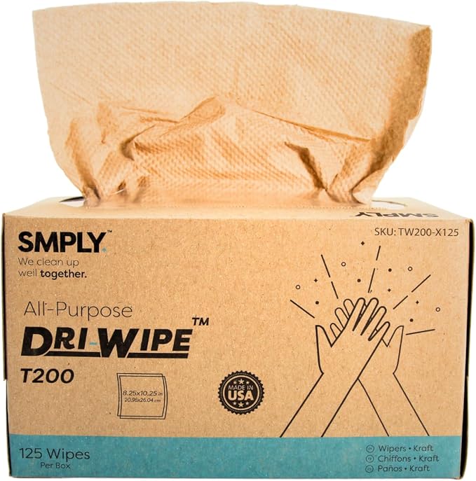 Dri-Wipe™ T200 by SMPLY Brands – Two-Ply Center-Pull Kraft Wipes, 18 Boxes of 125 (2,250 Total) – All-Purpose Disposable Wipes for Retail, Food Prep, Window Cleaning, and Light Spills