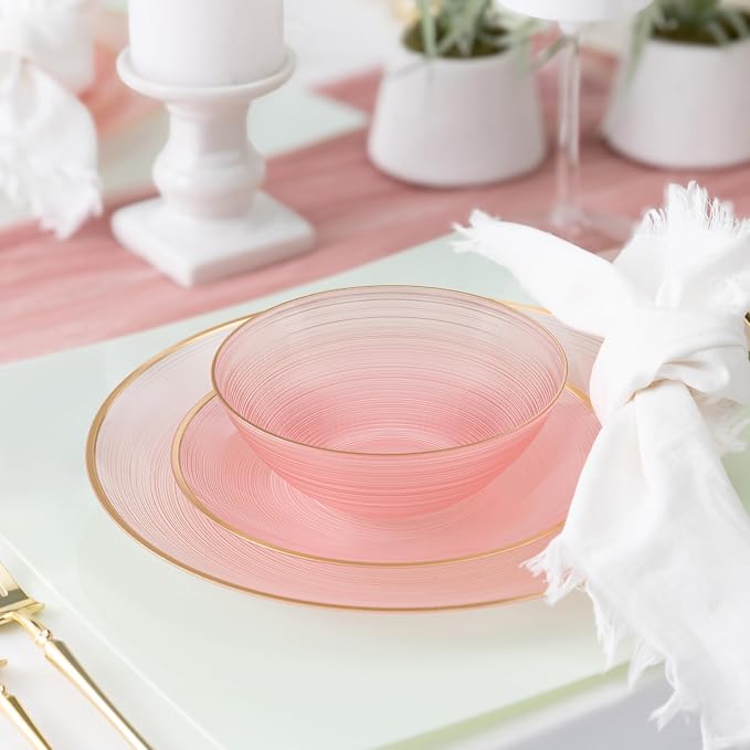 PLASTICPRO 64 Pieces Crystal Design Plastic Plates Combo Pack 7 inch and 10 inch Gold Rim Elegant Disposable Plates, Transparent Pink