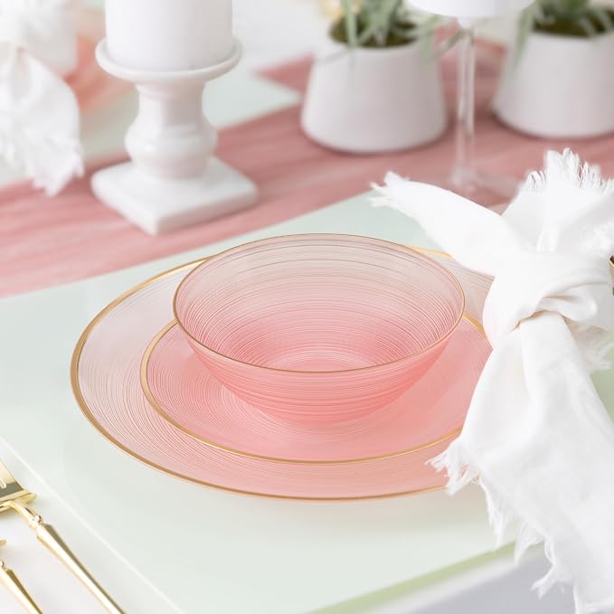 PLASTICPRO 32 Pieces Crystal Design Plastic Plates Combo Pack 7 inch and 10 inch Gold Rim Elegant Disposable Plates, Transparent Pink