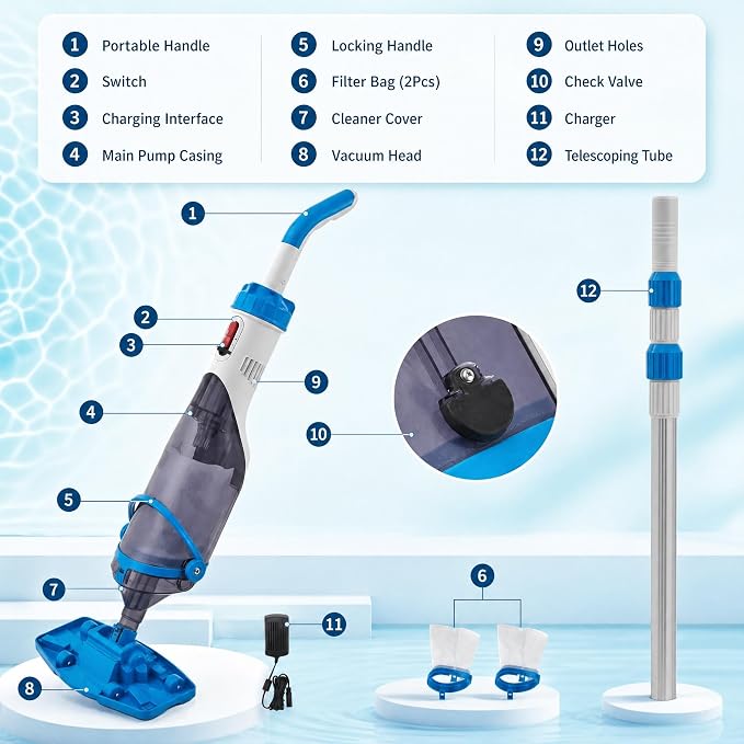 Cordless Handheld Pool Vacuum with Telescopic Pole, Rechargeable Pool Vacuum Cleaner, 18.5 GPM Strong Suction, Up to 60 Min Runtime, for Above Ground & Inground Pools, Hot Tubs & Spas