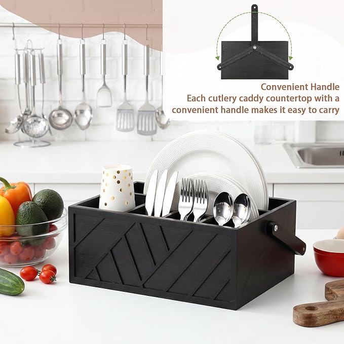 LemonRoad 13 Inch Rustic Silverware Caddy with Handle Wooden Flatware Utensil Holder Paper Plate and Silverware Caddy Organizer Cutlery Holder for Kitchen Countertop Picnic Cups Forks Napkins(Black)