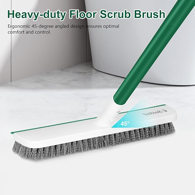 SetSail Floor Scrub Brush, Scrub Brush with Long Adjustable Handle 2 in 1 Scraper Brush Stiff Bristle Floor Scrubber for Cleaning Bathroom Shower Kitchen Garage Deck Tile Tub, White Green