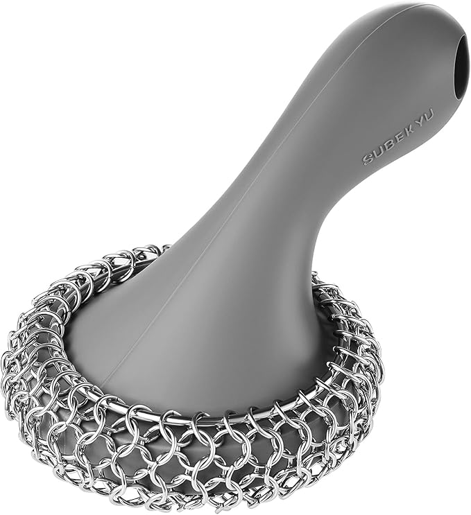 SUBEKYU 316 Stainless Steel Cast Iron Scrubber with Silicone Handle+Anti-Scratch Cast Iron Scrubber with Pan and Grill Scrapers