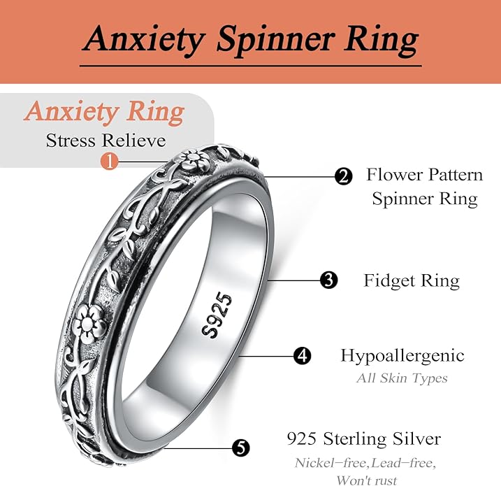 Ladytree Spinner Fidget Anxiety Ring,925 Sterling Silver Stress Relief Worry Ring,Platinum Plated ADHD Autism Jewelry,Birthday Mom Gift for Women