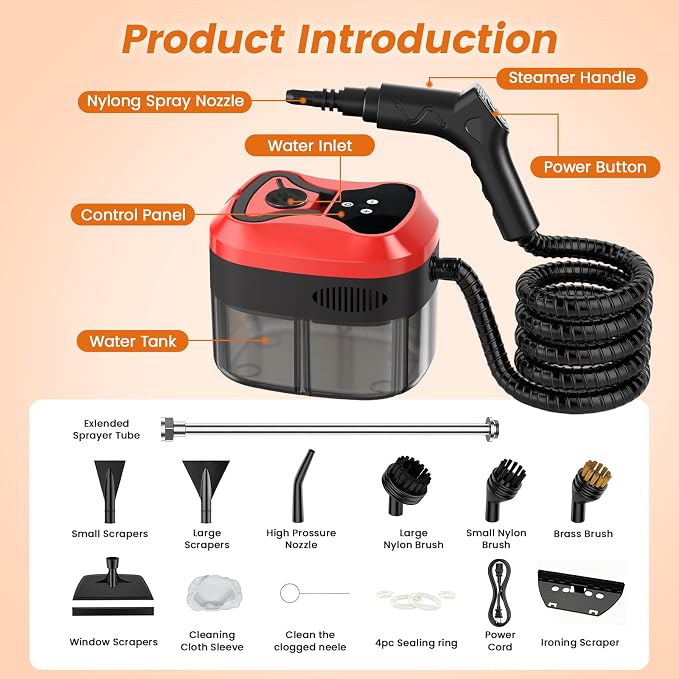 Handheld Steam Cleaner, 6-Level Adjustable Handle, 15s Heat-Up, 1800W High-Pressure Steamer for Cleaning with 1.6L Large Tank, Portable Steam Cleaner for Home, Car, Grout, Couch, Floor (Red)