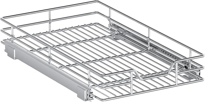 Pull Out Cabinet Organizer, 12.5" W x 21.5" D, Heavy Duty Chrome Slide Out Shelf for Narrow Base Cabinets, Sliding Wire Basket Drawer for Spices, Bottles, Snacks & Cleaning Supplies