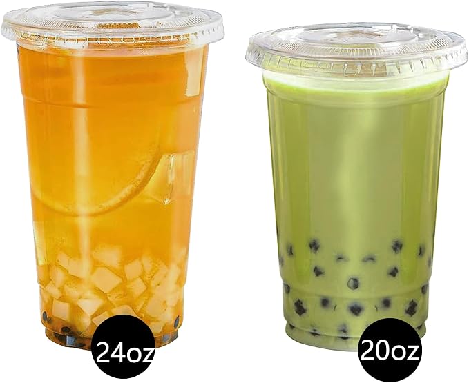 TashiBox plastic cups with lids [20 oz 100cups&100flat lids],Clear Crystal disposable plastic cups,smoothie cups