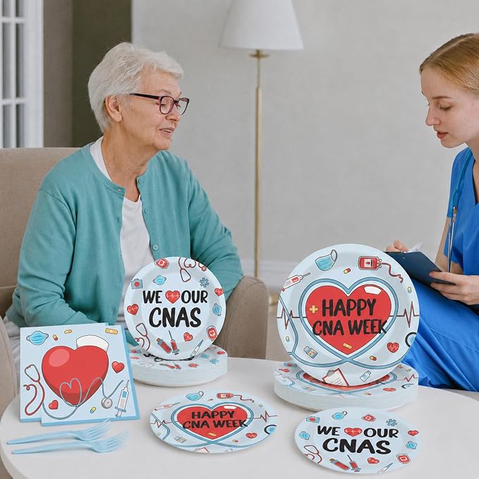 CHUNNIN 96Pcs Happy CNA Week Plates and Napkins Nurse Appreciation Week Party Decorations We Love Our CNAS Dessert Plates Nurse Tableware for 24 Guests CNA Appreciation Week Party Supplies