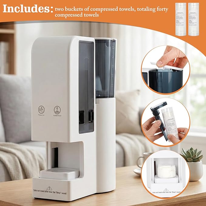 Hot Face Towel Heater Machine with Tray, Towel Warmer, 55°C (131°F) Constant Temperature, 5-Second Fast Heating & Automatic Dispenser, Smart Voice Alerts (Towel Machine + 100PCS Towels)