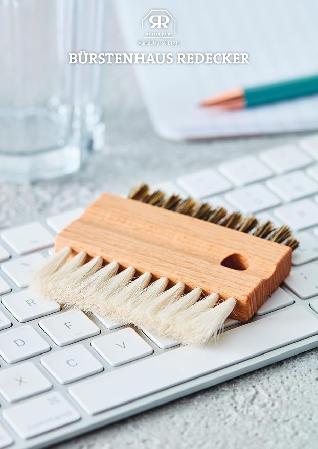 Redecker Goat Hair and Boar Bristle Keyboard Brush, Set of 2, Slim Dual-Sided Brush Cleans Screens and Between Keys, 3-inches, Made in Germany