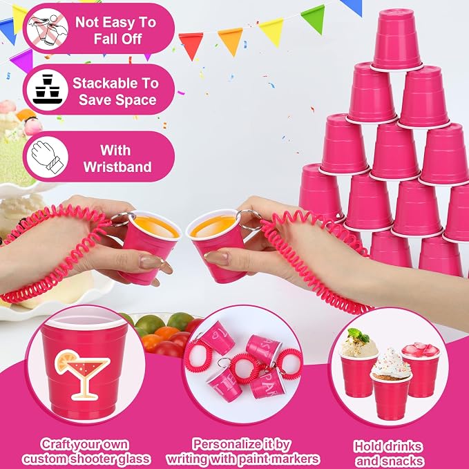 30 Pcs Hot Pink Shot Cups with Wristband for Party 2oz Plastic Shot Glasses Bulk Disposable Mini Shot Glasses with Bracelet Wear On Solo Cups for Bachelorette Party Wedding Birthday Graduation