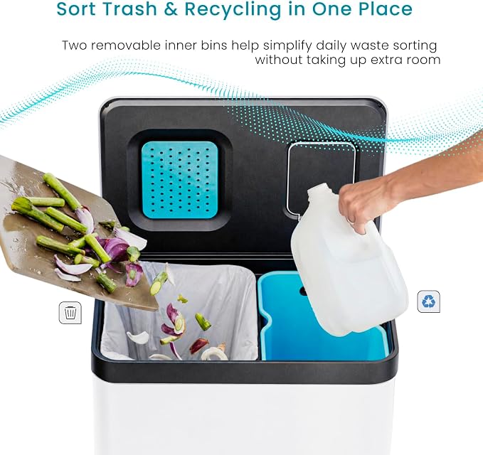 Home Zone Living 19 Gallon Kitchen Trash Can with Dual Compartments for Recycling, CleanAura Odor Control, Stainless Steel, Matte White, 70 Liters Total