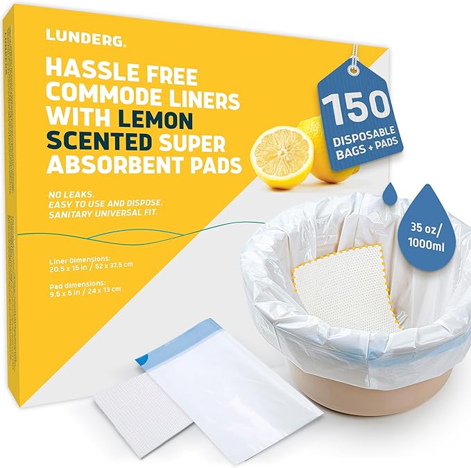 Lunderg Commode Liners with Absorbent Pads - Lemon Scent Medical Grade 150 Count Universal Fit - Disposable Bedside Commode Liners and Pads for Adult Chairs, Portable Buckets & Camping Toilet Bags