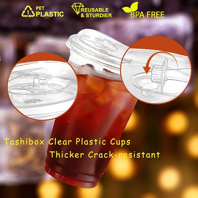 TashiBox 16oz100 Sets Clear Plastic Cups With Strawless Sip Through Lids,Clear Crystal disposable plastic cups,smoothie cups
