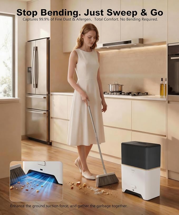 Touchless Vacuum Automatic Dustpan + 15 Pack Dust Bags, Bagged Design, 26,000Pa Powerful Suction, One-Touch Auto & Manual Mode for Pet Hair, Kitchen, Entryway & Salon, White
