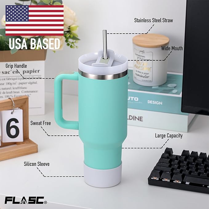 FLASC 40 oz Tumbler With Handle | 100% Leakproof Insulated Tumbler With Lid and Straw | Includes ALL Accessories: Stainless Steel Straw, Silicon Boot, Straw Cover & Cleaner (Hot Pink)