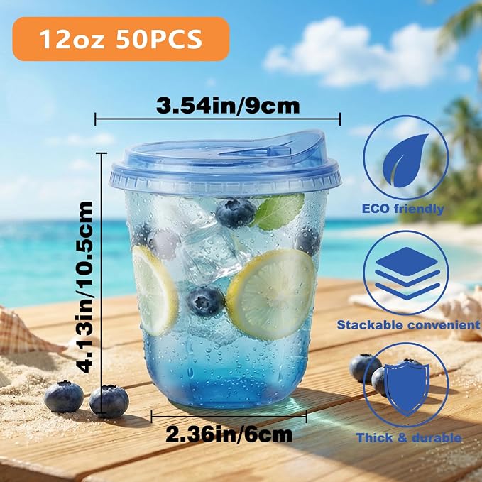 12oz Disposable Stemless Glasses With Strawless Sip Lids,PET Disposable Drinking Cups,Clear Plastic Wine Glasses for Parties Birthday,Wedding,Meeting,Christmas Party Supplies. (50, Blue)