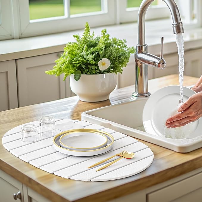 Large Stone Drying Mat for Kitchen Counter, Quick Drying Foldable Dish Drying Mat, Super Absorbent Diatomaceous Earth Drying Mat for Dishes Bottles Cups, Match Any Countertop (White, 22.8"x15.4")