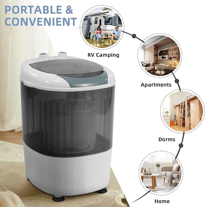 Elevon Mini Spin Dryer Portable Washing Machine, Compact Laundry for Home, Apartment, RV, Gray