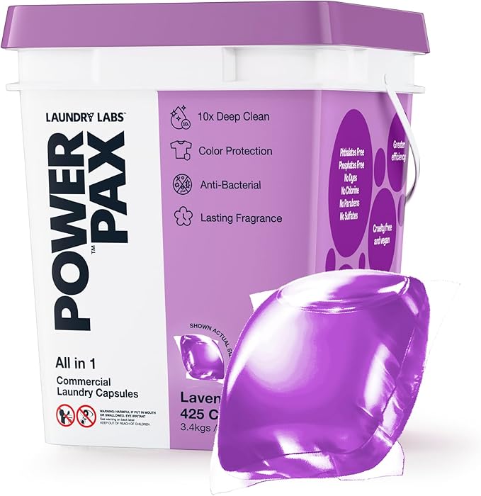 PowerPax Power Pellets Laundry Detergent Capsules, Lavender, 425 Count – Stain Remover, Odor Eliminator, Color Protection and Fabric Softener for Everyday Laundry Cleaning