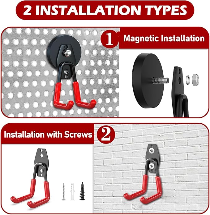 3-H Extra Strong Magnetic Hooks,Heavy Duty Large Anti-Slip Magnet Hooks,No-Drill Tool Holder for Garage,Power Drill,Garden Tools,Hose Storage,4 Pack Red