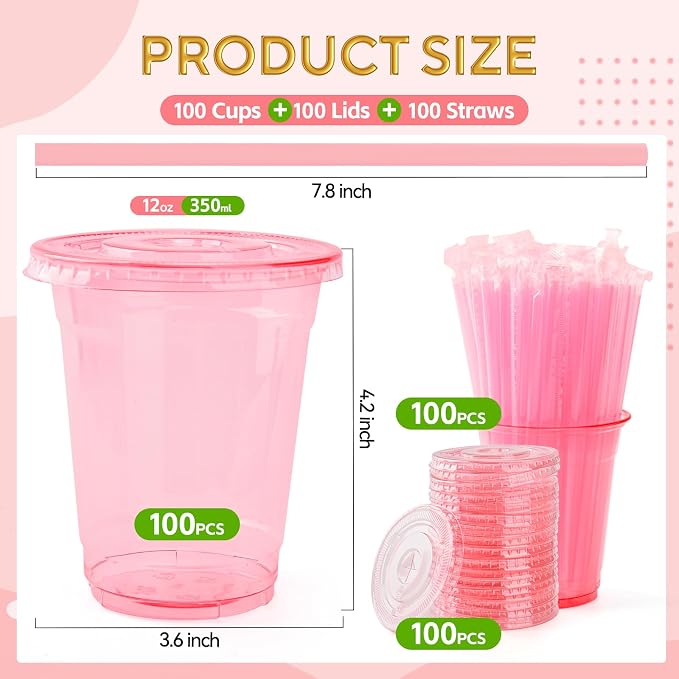 100 Set Pink Plastic Cups with Lids and Straws 12 oz Disposable Drinking Clear Cups for Wedding Pink Birthday Party Supplies
