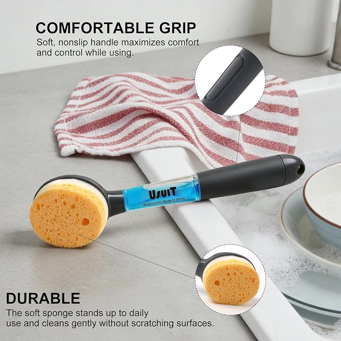 Soap Dispensing Sponge Brush, 2 Pack | Non-Scratch Dish Wand, Kitchen Cleaning, Heavy Duty Dishwashing Scrubber, For Grease & Grime