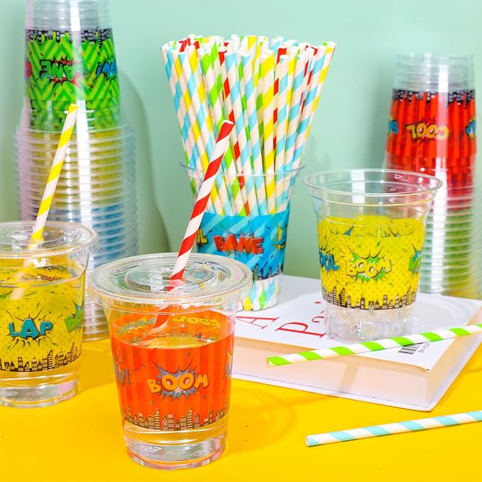 FYSUIMU 100Pcs 12Oz Hero Party Disposable Plastic Cups with Lids and Straws Super Hero Theme Cold Beverage Drinking Cups for Home Kitchen Party Supplies