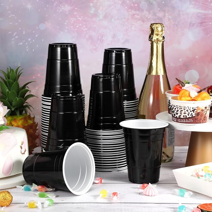 Lounsweer 100 Pcs 16 oz Disposable Party Cups Plastic Heavy Duty Drinking Water Cups for Birthday Baby Shower Wedding BBQ Picnic Party Supplies(Black, White)