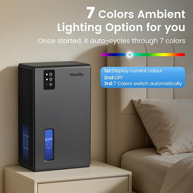 NineSky Dehumidifiers for Home, 1000 Sq.Ft Dehumidifier with 95oz Water Tank, Quiet Dehumidifier for Basement Bathroom Bedroom with 7-Color Ambient Light & Auto Shut Off, (Grey)