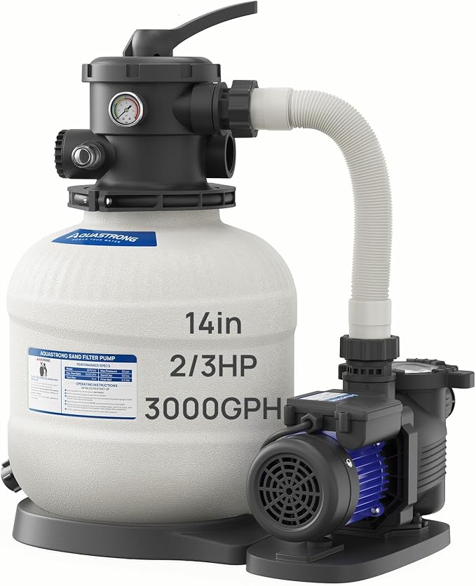 AQUASTRONG 14in Sand Filter Pump for Above Ground Pool, 2/3 HP Pool Pumps Above Ground 3000 GPH for Pools up to 13000 GAL, Sand Pool Filter with 6-Way Valve, Improved Circulation and Filtration
