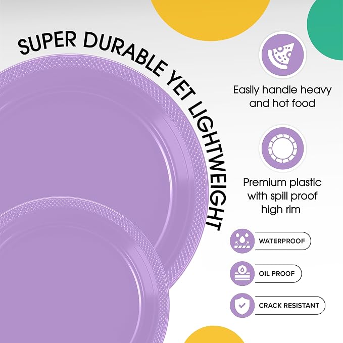 Exquisite Party Solids Lavender Plates Disposable Lavender Plastic Plates 100 Pieces - 50-7" & 50-9" Heavy Duty 350 GSM Disposable Dinnerware Sets, Plastic Dinnerware Sets