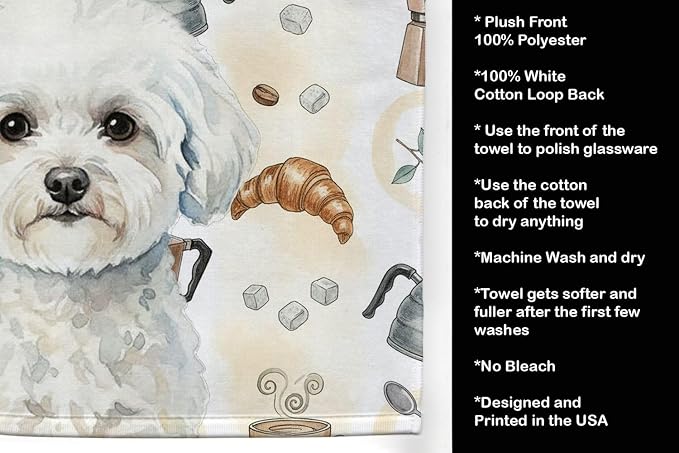 Caroline's Treasures Bichon Frise Coffee Bar Kitchen Towel Velour Plush Front and Cotton Loop Back Machine Washable