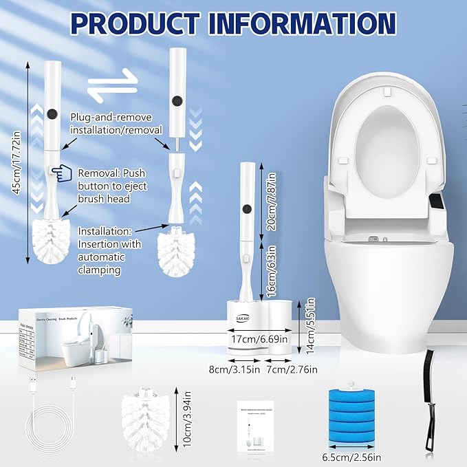 Electric Toilet Brush and Holder Set, Electric Toilet Bowl Brush, Toilet Brush Cleaner Set with 5 Refills Disposable Cleaner Brush, Floor Standing, Wall Mounted Without Drilling, Rechargeable, White