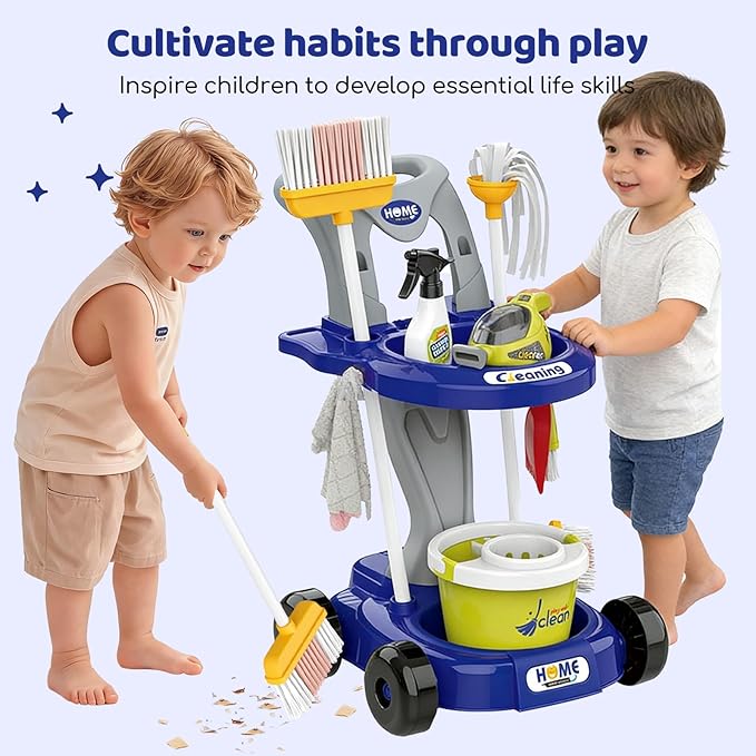 Toddler Cleaning Toy Set, Kids Cleaning Set - Pretend Play Educational Kit with 2-in-1 Toy Vacuum, Mobile Cleaning Cart, Broom & Dustpan, Home Cleaning Toys for Boys Girls (Blue)